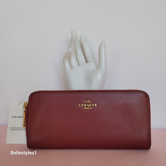 COACH Slim Accordion Smooth Calf Leather Zip-Around Wallet- Cherry color - Picture 7 of 16